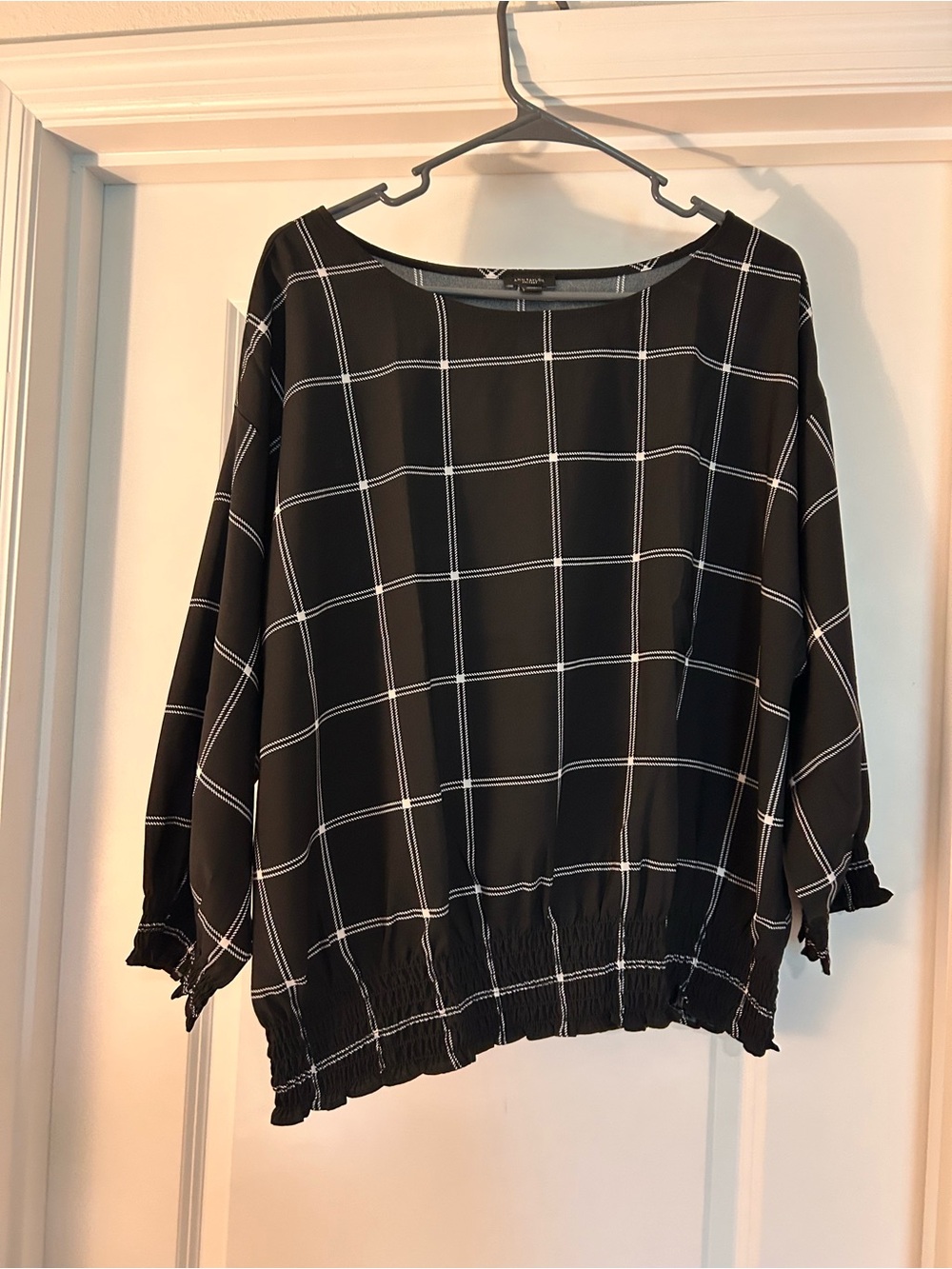 Ann Taylor Black Windowpane Smocked-Hem Blouse